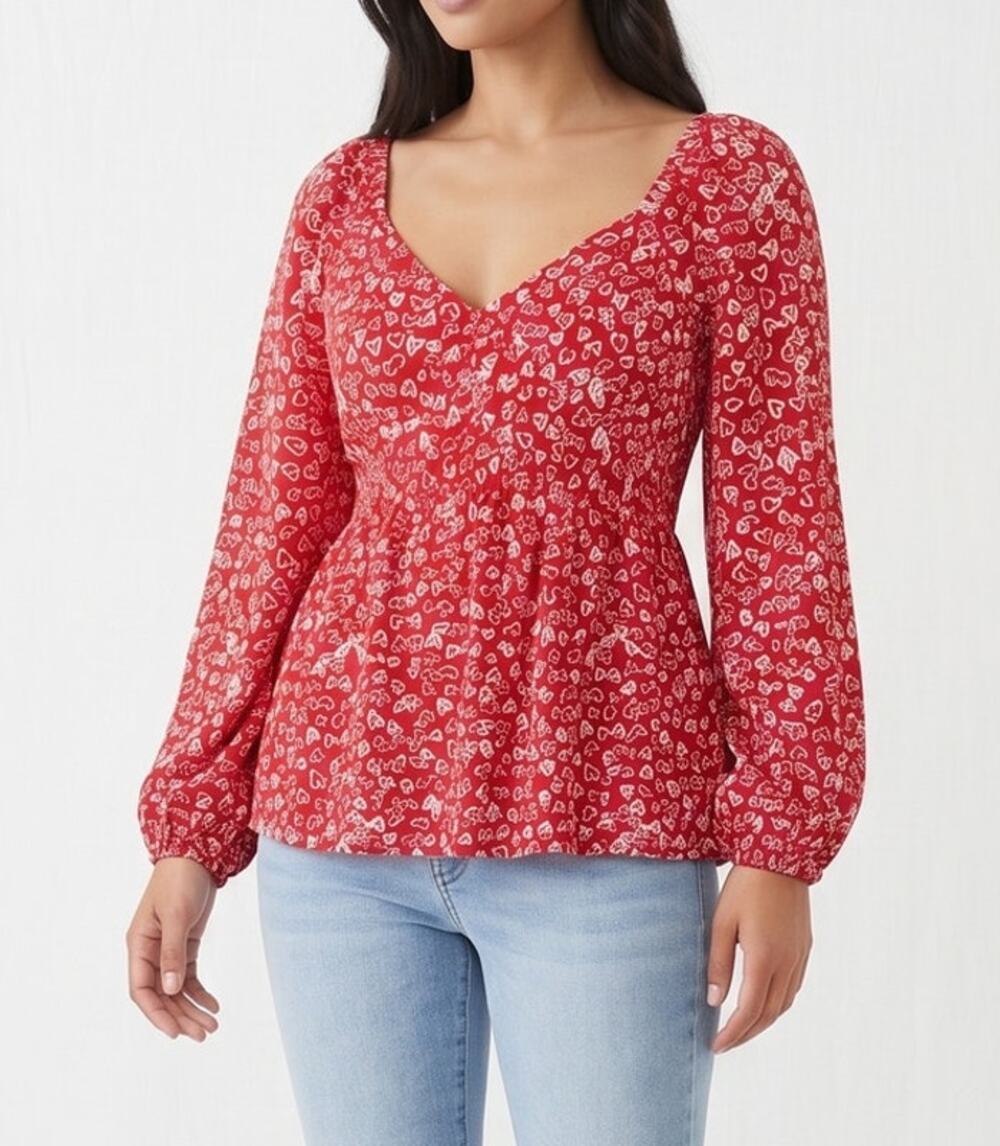 LOFT Womens Size 4 Baby Doll Blouse Dark Pink Heart Print